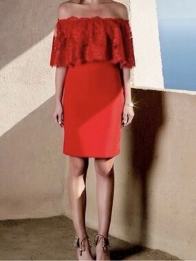 Badgley Mischka Belle Red Off-Shoulder Lace Above Knee Dress
